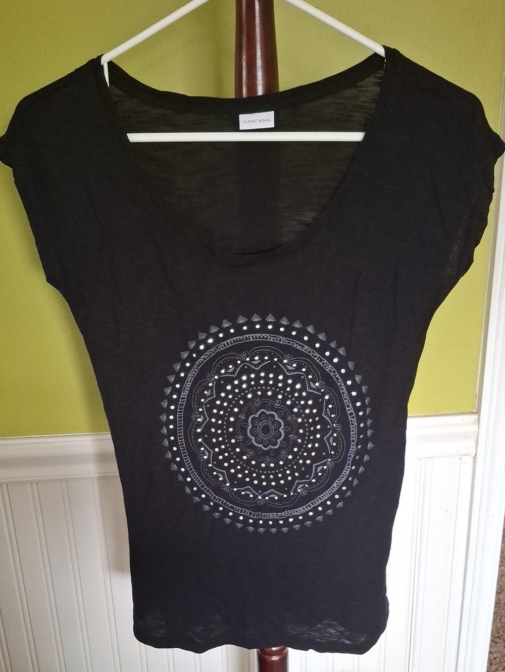 Lascana Black Short-Sleeve Scoop Neck Tee with Mandala Print